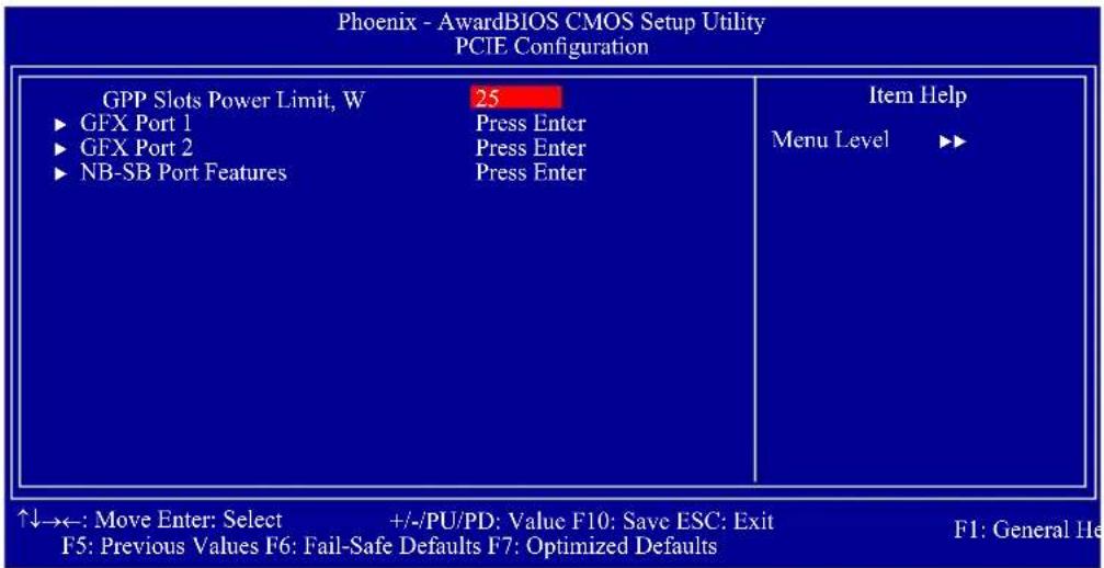 Phoenix - AwardBIOS CMOS Setup Utility PCIE Configuration GPP Slots Power Limit, W ► GFX Port 1 ► GFX Port 2 ► NB-SB Port Features 25 Press Enter Press Enter Press Enter Item Help Menu Level ►► ↑↓→←: Move Enter: Select +/-/PU/PD: Value F10: Save ESC: Exit F5: Previous Values F6: Fail-Safe Defaults F7: Optimized Defaults F1: General He