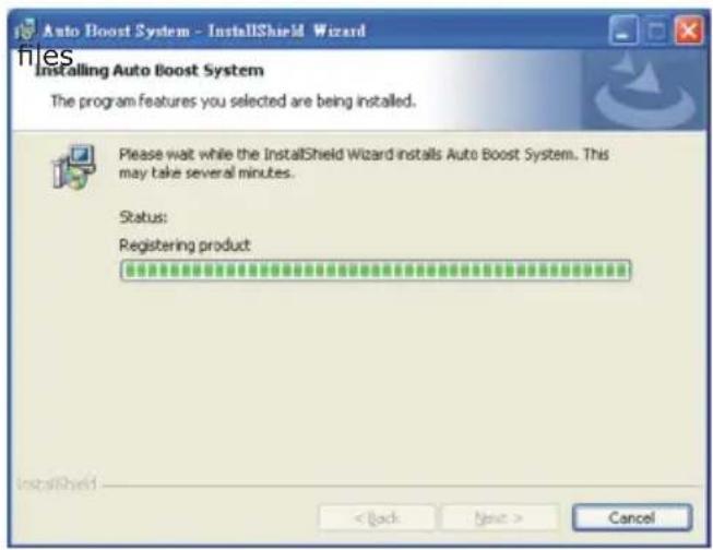Auto Boost System - InstallShield Wizard Installing Auto Boost System The program features you selected are being installed. Please wait while the InstallShield Wizard installs Auto Boost System. This may take several minutes. Status: Registering product InstallShield < Back Next > Cancel
