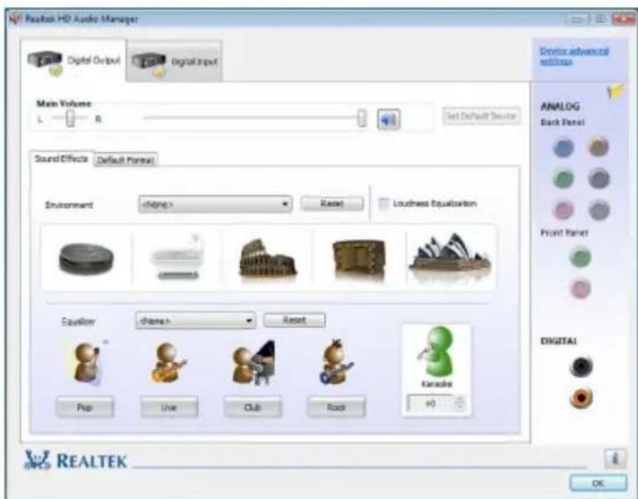 Realtek HD Audio Manager Digital Output Digital Input Main Volume L R Set Default Device Sound Effects Default Format Environment Shiny Reset Loudness Equalization Equalizer Shiny Reset Pop Use Club Rock Karakie H0 Analog Back Panel Front Panel DIGITAL REALTEK OK