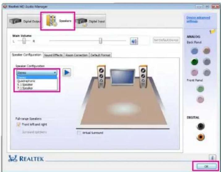 Realtek HD Audio Manager Digital Outputs Speakers Digital Input Main Volume L R Test Default Device Speaker Configuration Sound Effects Race Correction Default Format Speaker Configurations Stress Tripsis Quadraphonic 5.1 Speaker 7.1 Speaker Full-range Speakers Front left and right Surround speakers Virtual Surround Device advanced settings ANALOG Back Panel Front Panel DIGITAL OK REALTEK