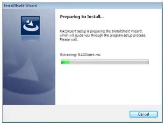 InstallShield Wizard Preparing to Install... RAIDXpert Setup is preparing the InstallShield Wizard, which will guide you through the program setup process. Please wait. Extracting: RAIDxpert.msi Cancel