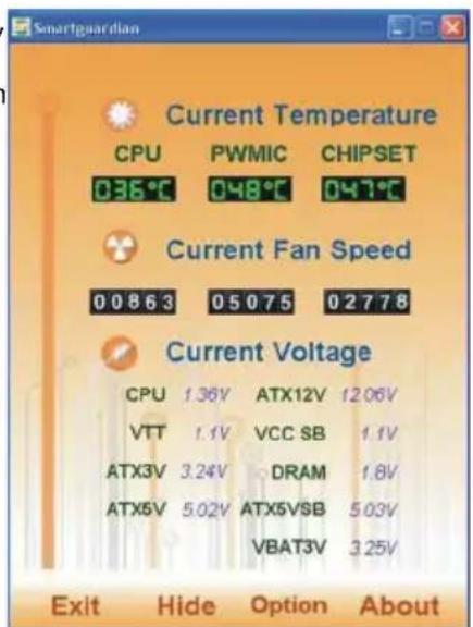 Smartguardian Current Temperature CPU PWMIC CHIPSET 036°C 048°C 047°C Current Fan Speed 00863 05075 02778 Current Voltage CPU 1.36V ATX12V 12.06V VTT 1.1V VCC SB 1.1V ATX3V 3.24V DRAM 1.8V ATX5V 5.02V ATX5VSB 5.03V VBAT3V 3.25V Exit Hide Option About