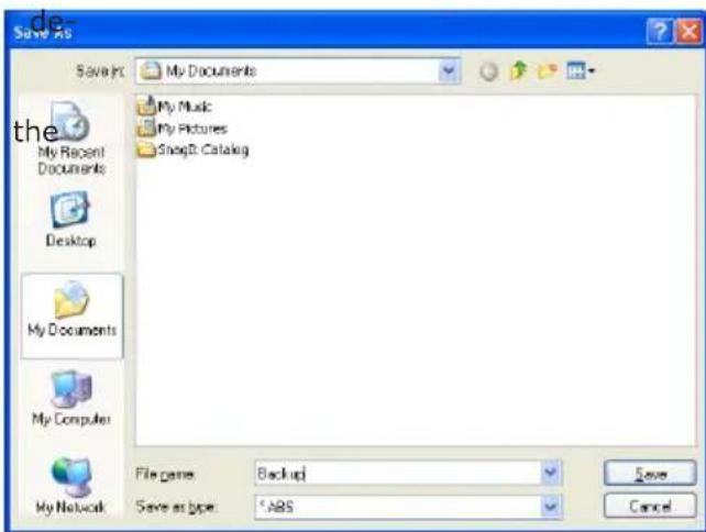 de Save As Save In: My Documents My Music My Pictures SnagD Catalog the My Recent Documents Desktop My Documents My Computer My Network File name: Backup Save as type: ABS Save Cancel