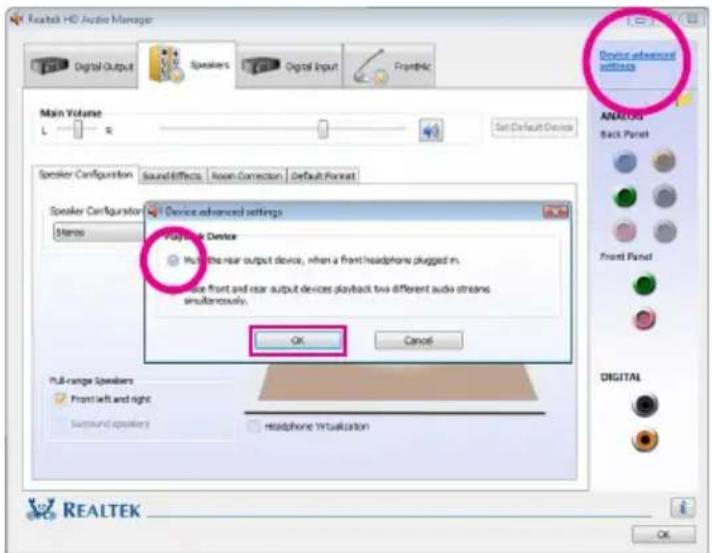 Realtek HD Audio Manager Main Volume L R Set Default Device Speaker Configuration Sound Effects Room Connection Default Panama Speaker Configuration Device advanced settings Stamps Power & Device Use the rear output device, when a front headphone plugged in. Use front and rear output devices playback two different audio streams simultaneously. OK Cancel Full-range Speakers Front left and right Surround specificity Headphone Virtualization Device advanced settings ANALOG Back Panel Front Panel DIGITAL REALTEK