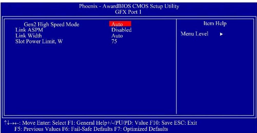Phoenix - AwardBIOS CMOS Setup Utility GFX Port 1 Gen2 High Speed Mode Auto Item Help Link ASPM Disabled Menu Level ▶ Link Width Auto Slot Power Limit, W 75 ↑↓→←: Move Enter: Select F1: General Help+/-/PU/PD: Value F10: Save ESC: Exit F5: Previous Values F6: Fail-Safe Defaults F7: Optimized Defaults