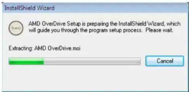 InstallShield Wizard AMD OverDrive Setup is preparing the InstallShield Wizard, which will guide you through the program setup process. Please wait. Extracting: AMD OverDrive.msi Cancel