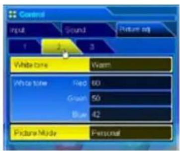 Control Input Sound Picture set 1 2 3 White tone Warm White tone Rec 60 Green 50 Blue 42 Picture Mode Personal