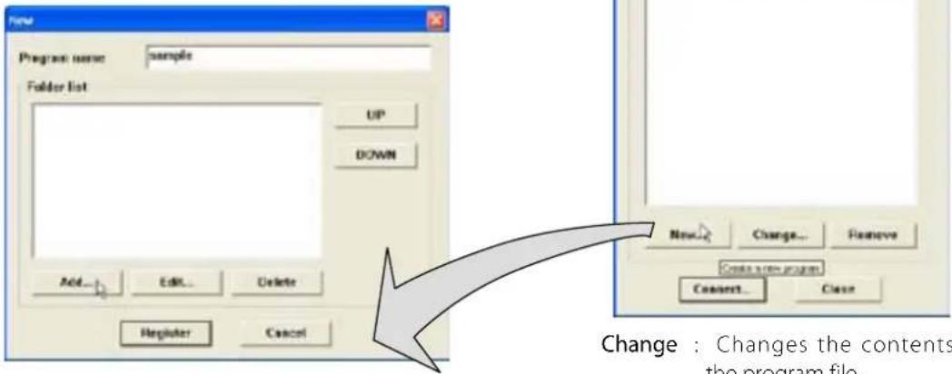 New Program name: sample Folder list UP DOWN Add... Edit... Delete Register Cancel Change : Changes the contents the program file