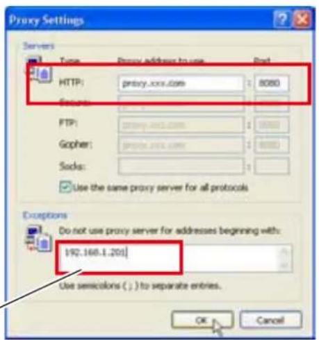 Proxy Settings Servers Type Proxy address to use Rad HTTP: privacy_xxx.com 8080 Gopher: FTP: privacy_xxx.com 8080 Gopher: privacy_xxx.com 8080 Socks: Use the same proxy server for all protocols Exceptions Do not use proxy server for addresses beginning with: 192.160-1.201 Use semiclons ( ) to separate entries. OK Cancel