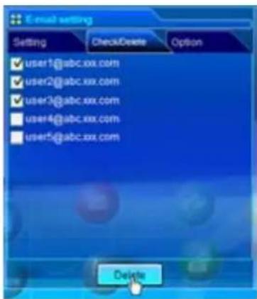 Email setting Setting CheckDelete Option ✓ user1@abc.xxx.com ✓ user2@abc.xxx.com ✓ user3@abc.xxx.com ■ user4@abc.xxx.com ■ user5@abc.xxx.com Delete