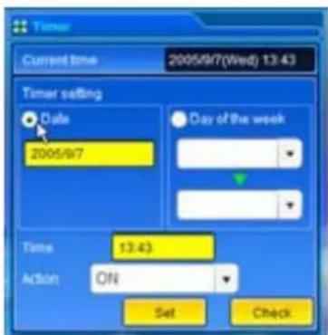 Timer Current time 2005/97(Wed) 13:43 Timer setting Date 2005/97 Day of the week Time 13:43 Action ON Set Check