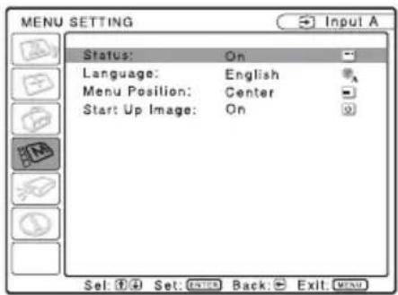 MENU SETTING Status: On Language: English Menu Position: Center Start Up Image: On Sel: ① Set: ENTER Back: Exit. MENU