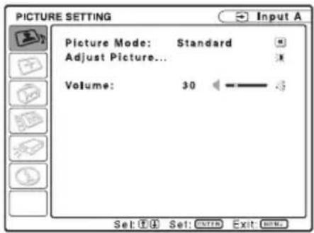 PICTURE SETTING Picture Mode: Standard Adjust Picture... Volume: 30 Set: F4 Set: CNTB Exit: FREE