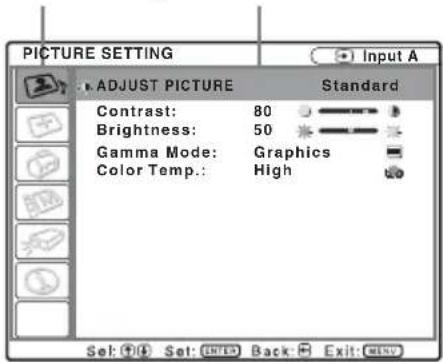 PICTURE SETTING ADJUST PICTURE Standard Contrast: 80 Brightness: 50 Gamma Mode: Graphics Color Temp.: High Set: Set: Enter Back Exit: Next