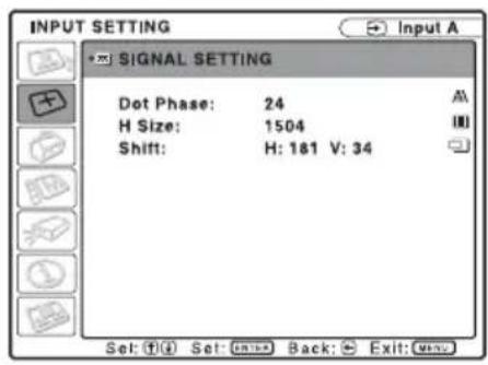 INPUT SETTING +~ SIGNAL SETTING Dot Phase: 24 A H Size: 1504 III Shift: H: 181 V: 34 Set: ① Set: Enter Back: Exit: None