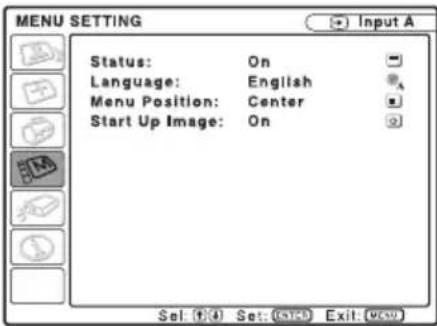 MENU SETTING Status: On Language: English Menu Position: Center Start Up Image: On Sel: ①④ Set: Ⓞ⑤⑥ Exit: ⌘⑦⑧