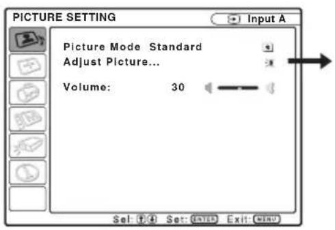 PICTURE SETTING Picture Mode Standard Adjust Picture... Volume: 30 Input A Set: 4 Set: CATED Exit: MENU