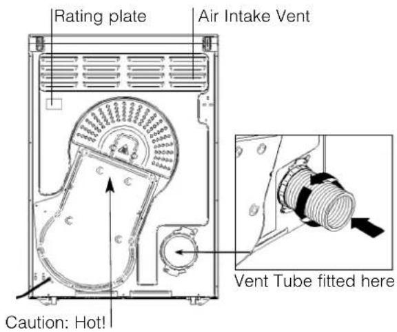 Rating plate Air Intake Vent Caution: Hot! Vent Tube fitted here