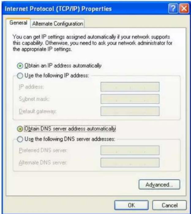 Internet Protocol (TCP/IP) Properties General Alternate Configuration You can get IP settings assigned automatically if your network supports this capability. Otherwise, you need to ask your network administrator for the appropriate IP settings. Obtain an IP address automatically Use the following IP address: IP address: ... Subnet mask: ... Default gateway: ... Obtain DNS server address automatically Use the following DNS server addresses: Preferred DNS server: ... Alternate DNS server: Advanced... OK Cancel