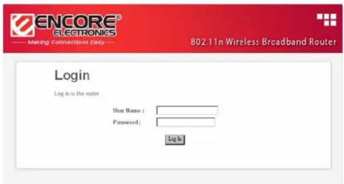 ENCORE® ELECTRONICS Making Connections Easy 802.11n Wireless Broadband Router Login Log in to the router User Name : Password: Log In