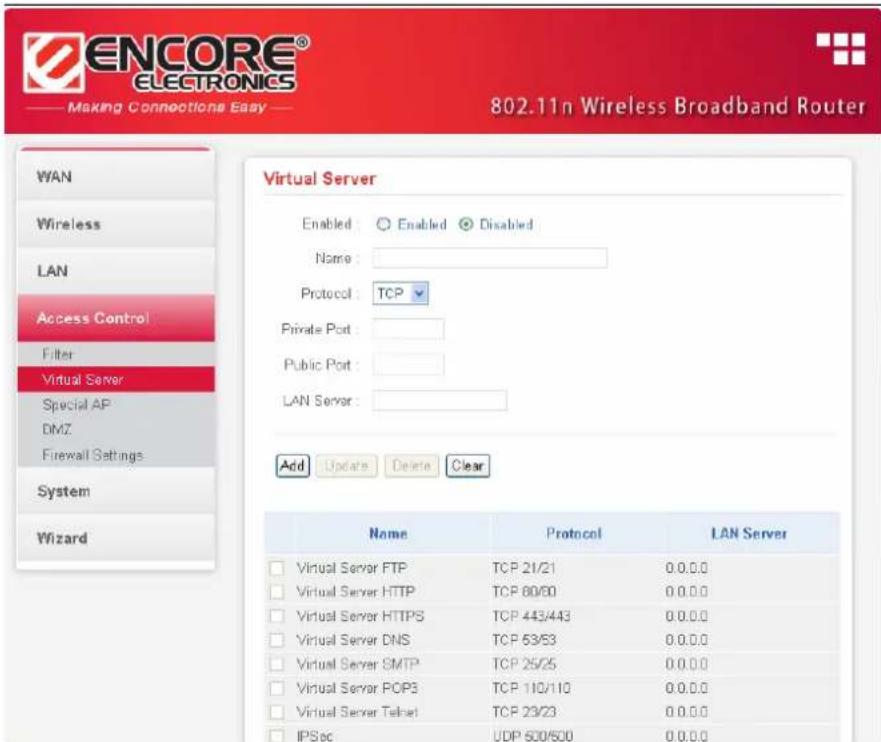 ENCORE® ELECTRONICS Making Connections Easy 802.11n Wireless Broadband Router WAN Wireless LAN Access Control Filter Virtual Server Special AP DMZ Firewall Settings System Wizard Virtual Server Enabled Enabled Disabled Name : Protocol : TCP Private Port : Public Port : LAN Server : Add Update Delete Clear Name Protocol LAN Server Virtual Server FTP TCP 21/21 0.0.0.0 Virtual Server HTTP TCP 80/60 0.0.0.0 Virtual Server HTTPS TCP 443/443 0.0.0.0 Virtual Server DNS TCP 63/53 0.0.0.0 Virtual Server SMTP TCP 25/25 0.0.0.0 Virtual Server POPS TCP 110/110 0.0.0.0 Virtual Server Telnet TCP 23/23 0.0.0.0 IPSoc UDP 600/600 0.0.0.0