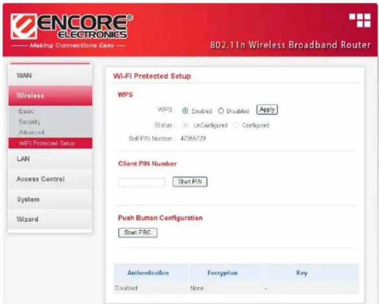 ENCORE® ELECTRONICS Making Connections Easy 802.11n Wireless Broadband Router WAN Wireless Basic Security Advanced WiFi Protected Setup LAN Access Control System Wizard Wi-Fi Protected Setup WPS WPS: Enabled Disabled Apply Status: UnConfigured Configured Self-PIN Number: 47365729 Client PIN Number Start PIN Push Button Configuration Start PSC Authentication Encryption Key Disabled None -