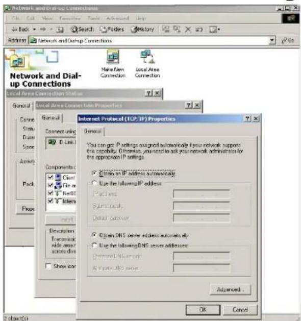 Network and Dial-up Connections File Edit View Tools Tools Advanced Help Back Search Filters History Address Network and Dial-up Connections Make New Connection Local Area Connection Network and Dial-up Connections Local Area Connection Status General Local Area Connection Properties Connect Status Done Splice Active Components Client File or Next Enter Description Transmitting wide area across drive Show icon Internet Protocol (TCP/IP) Properties General You can get IP settings assigned automatically if your network supports this capability. Otherwise, you need to ask your network administrator for the appropriate IP settings. Obtain an IP address automatically Use the following IP address: Path name: Sub-mail: Default server: Obtain DNS server address automatically Use the following DNS server addresses: Obtain DNS server: A B P S D N S server: Advanced... OK Cancel 2 object(s)
