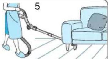 Illustration of a person using a handheld vacuum cleaner to clean a sofa (no text or symbols).