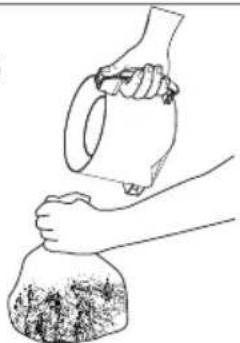 Line drawing of a hand pouring liquid into a bag (no text or symbols)
