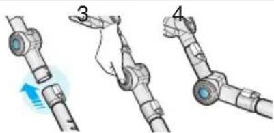 Diagram showing three-step mechanical assembly steps with labeled parts and directional arrows indicating motion.