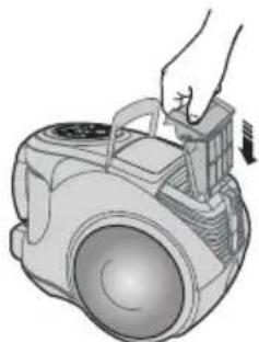 Illustration of a hand inserting a component into a vacuum cleaner (no text or symbols)