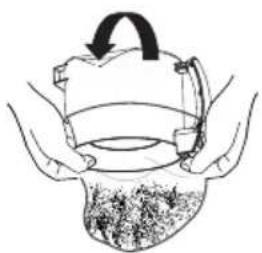 Illustration of hands holding a mechanical component with an arrow indicating rotation (no text or symbols)