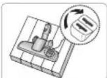 Illustration of a hand using a tool to clean or adjust a wooden mop.