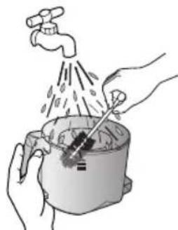 Illustration of hands washing a cup with a faucet and water droplets (no text or symbols)