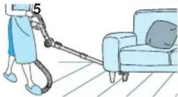 Illustration of a person cleaning a sofa with a handbag.