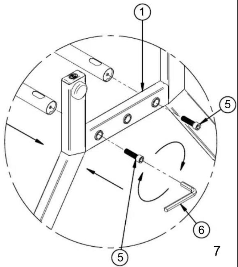 Technical diagram of a mechanical assembly with numbered components and directional arrows indicating motion or movement.