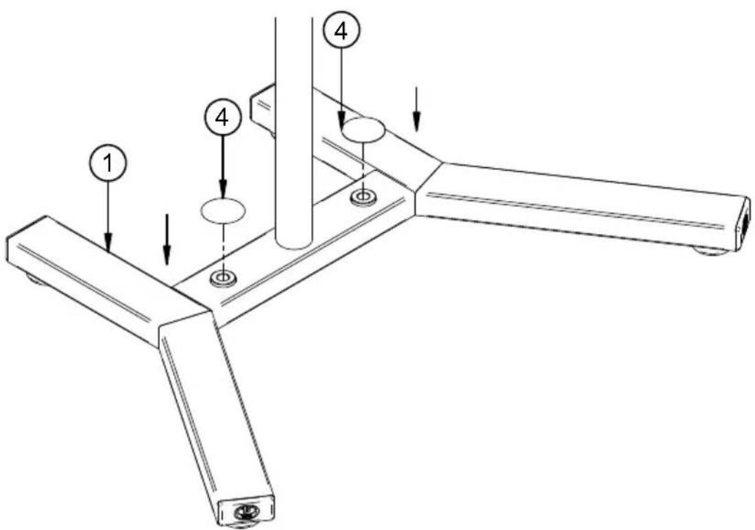 Technical diagram of a mechanical assembly with numbered components and directional arrows indicating assembly steps.