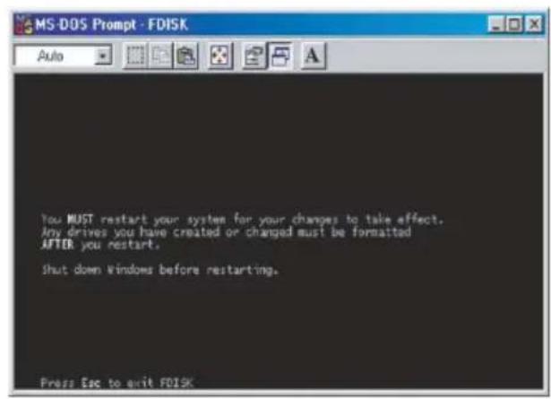 You MUST restart your system for your changes to take effect. Any drives you have created or changed must be formatted AFTER you restart. Shut down Windows before restarting. Press Esc to exit FDISK