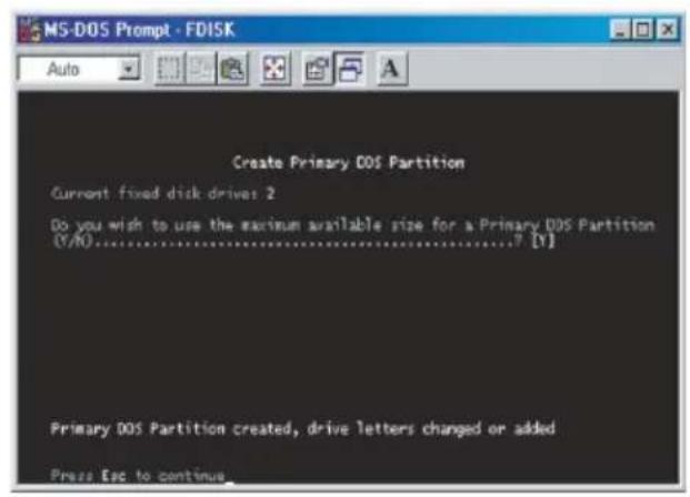 MS-DOS Prompt - FDISK Auto Create Primary DOS Partition Current fixed disk drives 2 Do you wish to use the maximum available size for a Primary DOS Partition (Y/N)............? [Y] Primary DOS Partition created, drive letters changed or added Press Esc to continue_