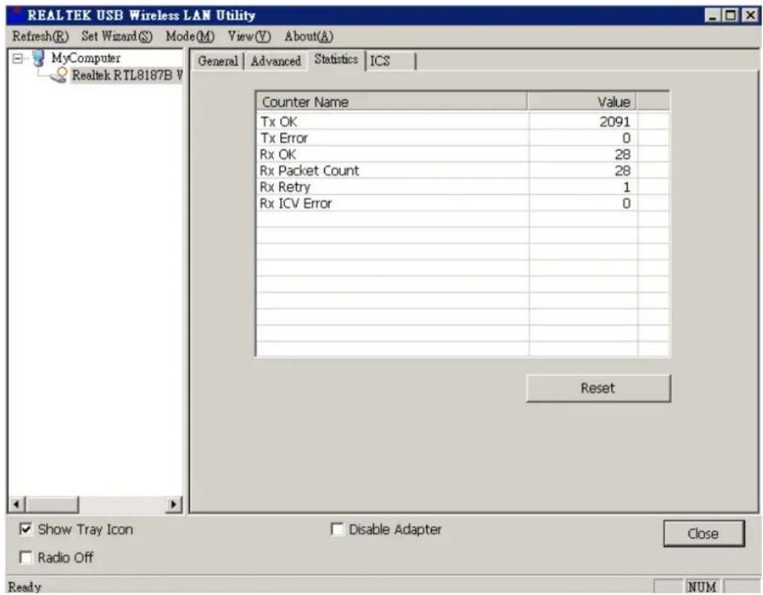 REALTEK USB Wireless LAN Utility Refresh(R) Set Wizard(S) Mode(M) View(Y) About(A) MyComputer Realtek RTL8187B V General | Advanced Statistics ICS | Counter Name Value Tx OK 2091 Tx Error 0 Rx OK 28 Rx Packet Count 28 Rx Retry 1 Rx ICV Error 0 Reset Show Tray Icon Disable Adapter Close Radio Off Ready NUM