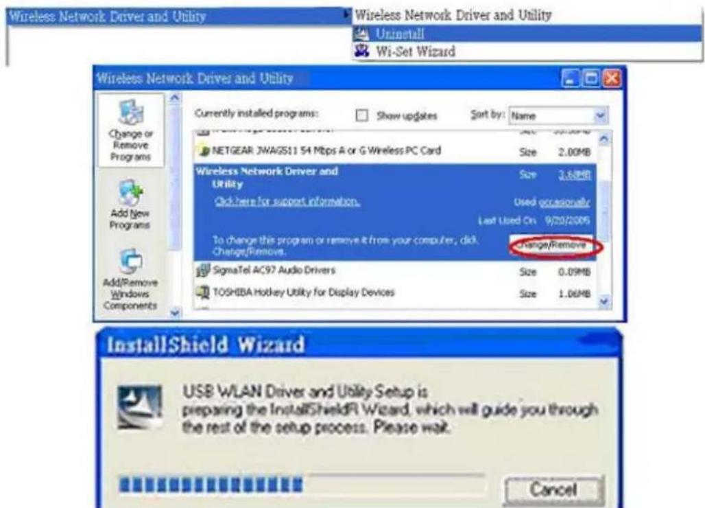Wireless Network Driver and Utility Wireless Network Driver and Utility Uninstall Wi-Set Wizard Wireless Network Driver and Utility Currently installed programs: Show updates Sort by: Name NETGEAR JWAGS11 54 Mbps A or G Wireless PC Card Size 2.00MB Wireless Network Driver and Utility Size 3.68MB Click here for support information. Used occasionally Last Used On 9/20/2005 To change this program or remove it from your computer, click Change/Remove. Change/Remove SignalTel AC97 Audio Drivers Size 0.09MB TOSHIBA Hotkey Utility for Display Devices Size 1.06MB InstallShield Wizard USB WLAN Driver and Utility Setup is preparing the InstallShieldRI Wizard, which will guide you through the rest of the setup process. Please wait. Cancel