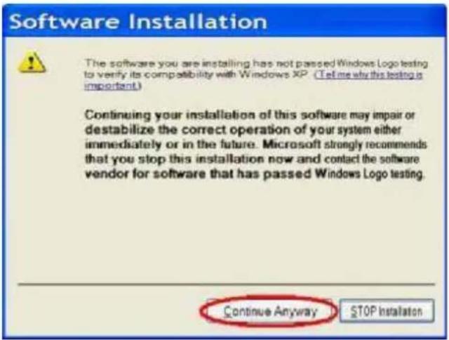 Software Installation The software you are installing has not passed Windows Logo testing to verify its compatibility with Windows XP. (Tell me why this testing is important.) Continuing your installation of this software may impair or destabilize the correct operation of your system either immediately or in the future. Microsoft strongly recommends that you stop this installation now and contact the software vendor for software that has passed Windows Logo testing. Continue Anyway STOP Installation