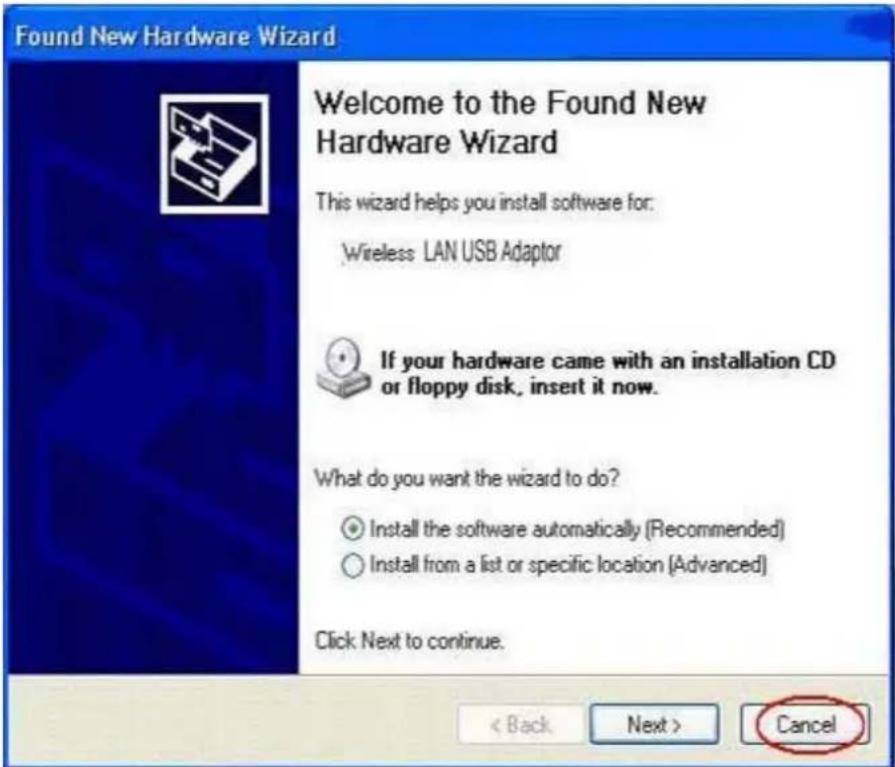 Found New Hardware Wizard Welcome to the Found New Hardware Wizard This wizard helps you install software for: Wireless LAN USB Adaptor If your hardware came with an installation CD or floppy disk, insert it now. What do you want the wizard to do? ○ Install the software automatically (Recommended) ○ Install from a list or specific location (Advanced) Click Next to continue. < Back Next > Cancel