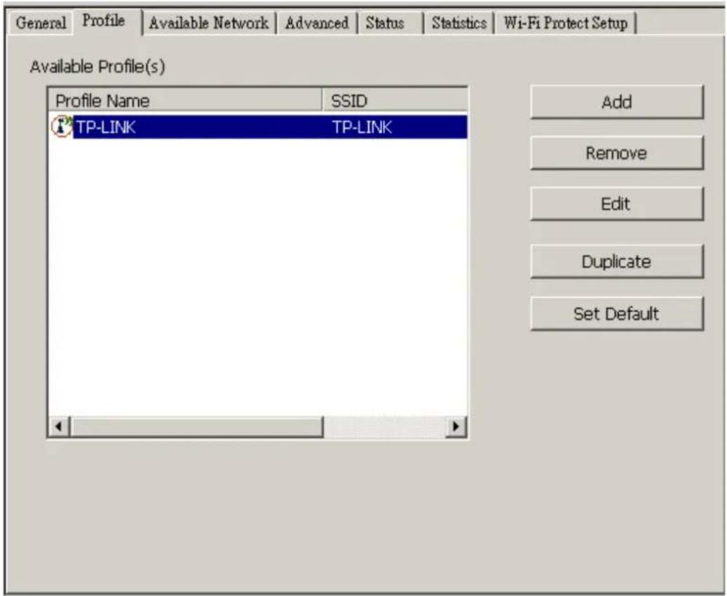 General Profile Available Network Advanced Status Statistics Wi-Fi Protect Setup Available Profile(s) Profile Name SSID TP-LINK TP-LINK Add Remove Edit Duplicate Set Default