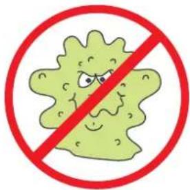 Green cartoon virus symbol with red prohibition sign crossed, indicating no disease or toxicity against a red circle.