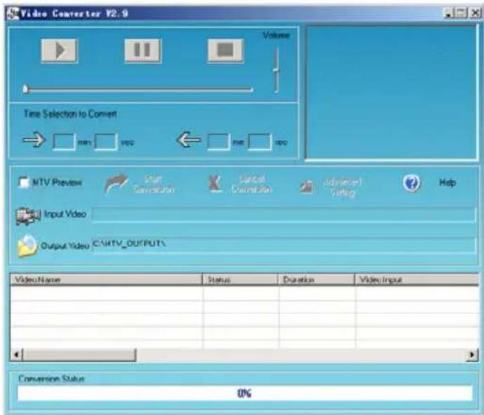 Video Converter V2.0 Volume Time Selection to Convert min min MTV Preview Start Conversion Cancel Cancel Setup Advanced Setup Help Input Video Output Video C:\MTV_OUTPUTS Video Name Status Duration Video Input Conversion Status 0%