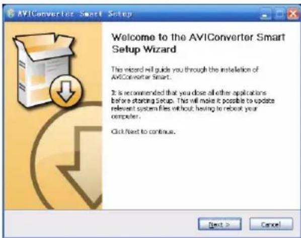 AVIConverter Smart Setup Welcome to the AVIConverter Smart Setup Wizard This wizard will guide you through the installation of AVIConverter Smart. It is recommended that you close all other applications before starting Setup. This will make it possible to update relevant system files without having to reboot your computer. Click Next to continue.