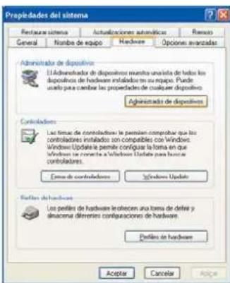 Propiedades del sistema Restauras sistema Actualizaciones automáticas Remoto General Nombre de equipo Hardware Opciones avanzadas Administrada de dispositivos L'Administradora de dispositivos muestra una lista de todos los dispositivos de hardware instalados en su equipo. Puede acuerdo para cambiar las propiedades de cualquier dispositivo. Administrada de dispositivos Controladores Los firmas de controladores la permite comprobar que los controladores instalados con compatibles con Windows. Windows Update la permite configue la forma en que Windows has correcta a Windows Update para hace controladores. Empty de controladores Windows Update Perfiles de hardware Los perfiles de hardware leotrecen una forma de detall y dinacerna diferentes configuraciones de hardware. Perfiles de hardware Accepte Cancelar Avajo