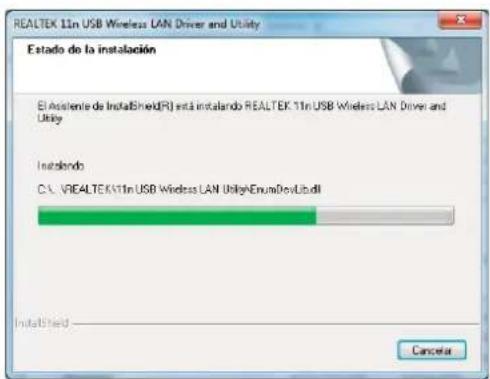 REALTEK 11n USB Wireless LAN Driver and Utility Estado de la instalación El Asistente de InstalShield(R) está instalando REALTEK 11n USB Wireless LAN Driver and Utility Instalando C:\REALTEK\11n USB Wireless LAN Utility\EnumsDevLib.dll InstallShield... Cancel