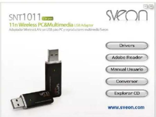 SNT1011 11n Wireless PC&Multimedia USB Adapter Adaptador Wireless LAN tan USB para PC y reproductores multimedia Sveon SVEON Drivers Adobe Reader Manual Usuario Conversor Explorar CD www.sveon.com